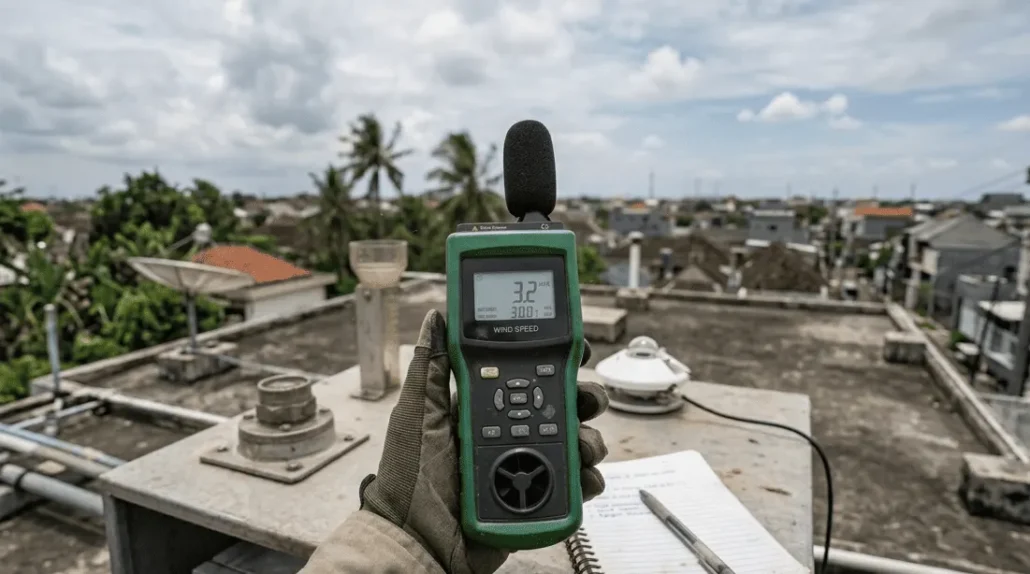 Modern digital anemometer measuring wind speed data in an outdoor professional setting for weather monitoring.