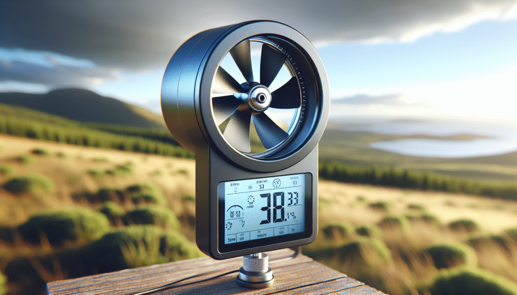 Modern digital anemometer measuring wind speed data in an outdoor professional setting for weather monitoring.