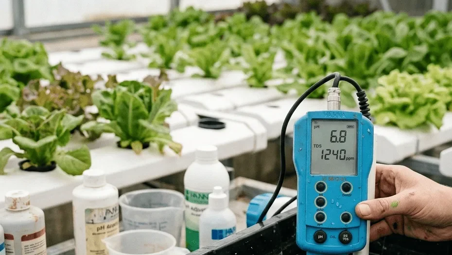 Digital TDS & EC meter mengukur larutan nutrisi di sistem hidroponik modern