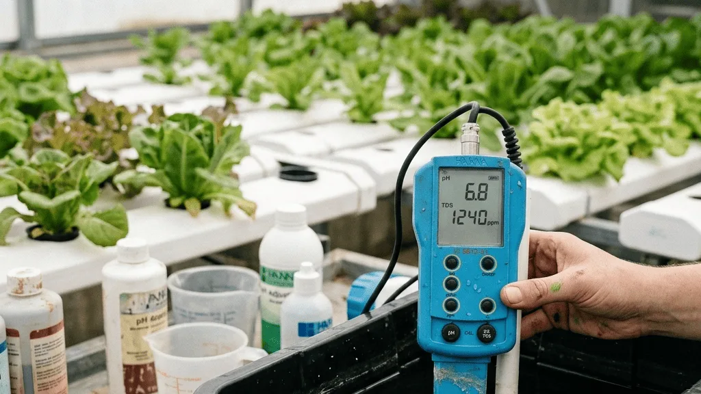 Digital TDS & EC meter mengukur larutan nutrisi di sistem hidroponik modern