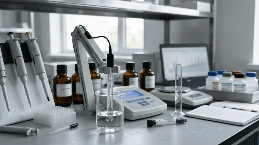 pH meter mengukur larutan farmasi di laboratorium, menunjukkan pentingnya kontrol pH untuk stabilitas obat.