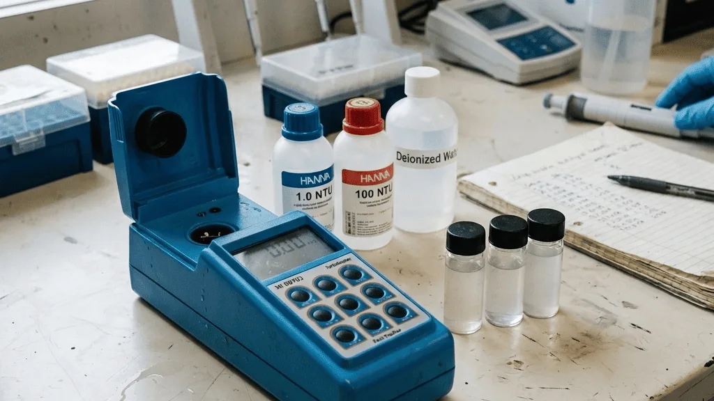 Profesional turbidity meter on a workbench with calibration solution and turbid water samples for analysis.
