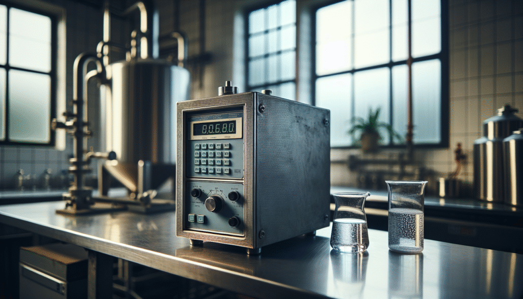 Industrial turbidimeter testing sparkling water for quality control in a beverage production lab, ensuring water purity.