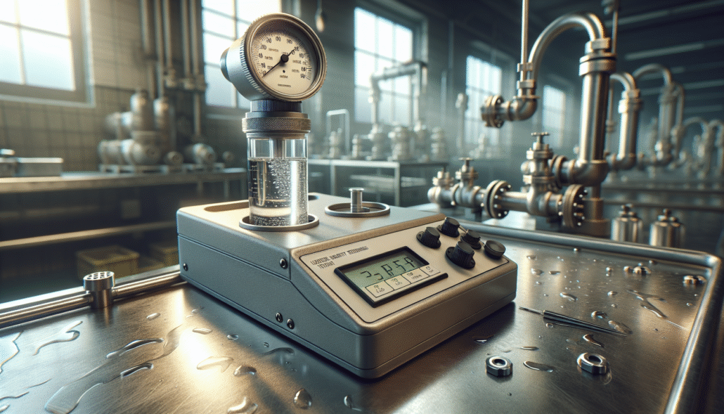 Turbidimeter profesional mengukur kekeruhan (NTU) air untuk standar kualitas industri makanan.