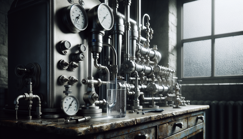 Industrial water filtration system and clear water beaker on a workbench for food industry water quality control.