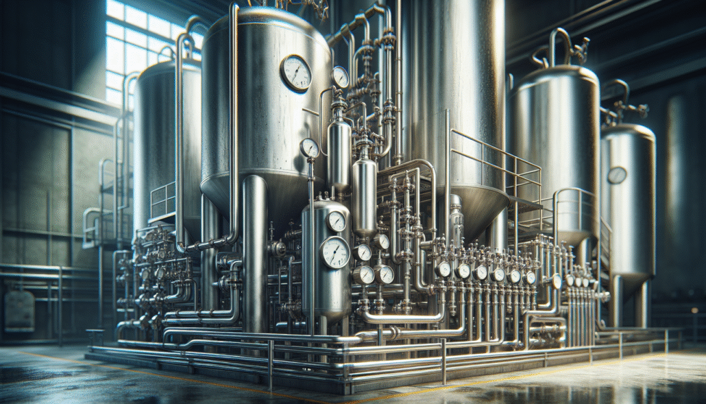 Industrial water filtration system in a food facility, essential for overcoming water turbidity and ensuring product quality.