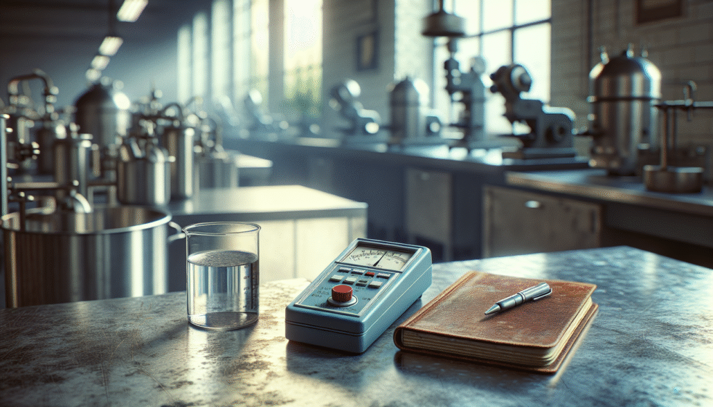 Hanna turbidity meter, water sample, and logbook on a lab counter for food industry water quality control.