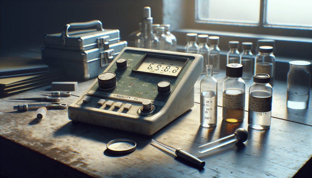 Profesional turbidity meter on a workbench with calibration solution and turbid water samples for analysis.