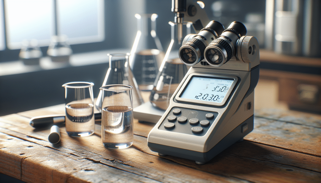 Digital refractometer analyzing Brix of beverage samples for quality control.