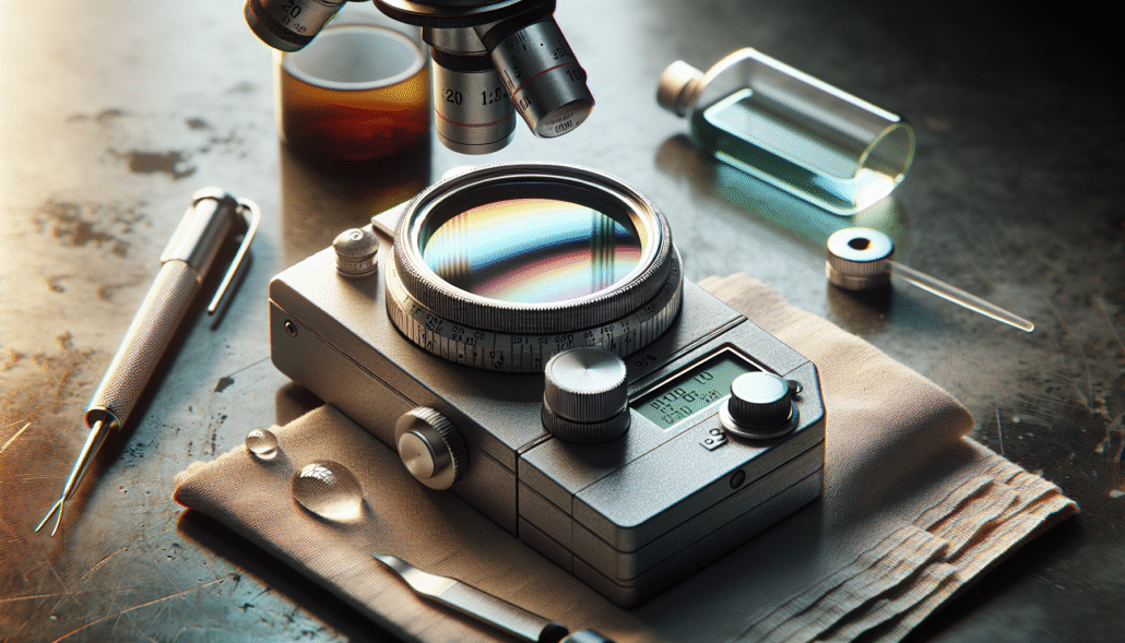 Digital refractometer with antibiotic solution drops, ready for concentration measurement in a lab.