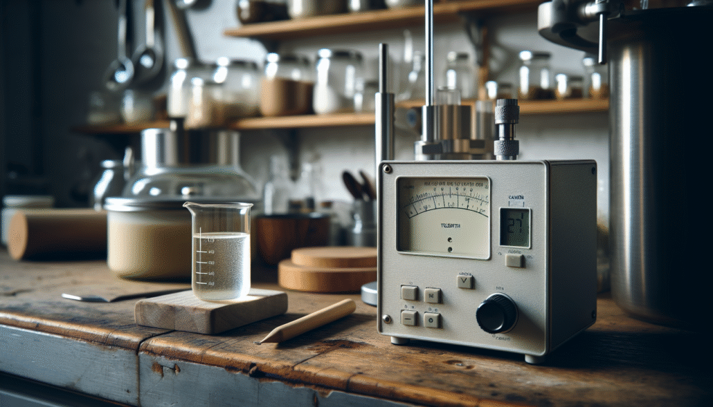Turbidity meter testing a cloudy food sample on a wooden workbench, emphasizing food quality and safety control.