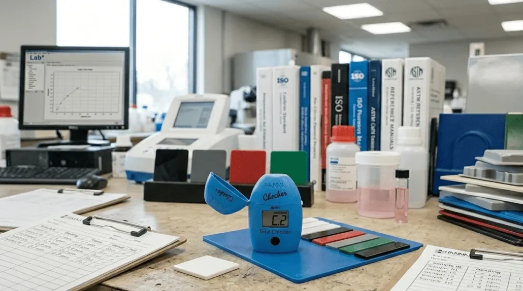 Colorimeter pada bangku lab usang dengan gelas kimia & buku catatan, mencerminkan kalibrasi & validasi.