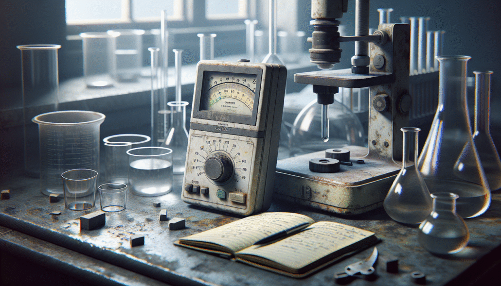 Colorimeter pada bangku lab usang dengan gelas kimia & buku catatan, mencerminkan kalibrasi & validasi.