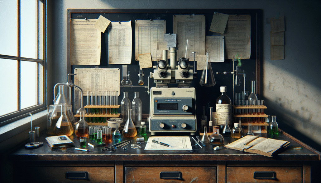 Meja laboratorium dengan bejana pewarna makanan, alat analisis, dan dokumen regulasi untuk keamanan.