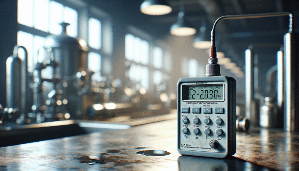 TDS meter industri sedang menguji kualitas air minum di lingkungan kerja yang otentik.