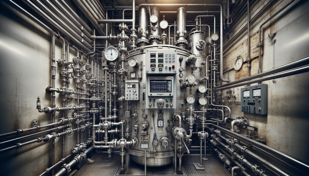 Sistem kontrol suhu reaktor kimia industri dengan sensor termokopel dan display PID.