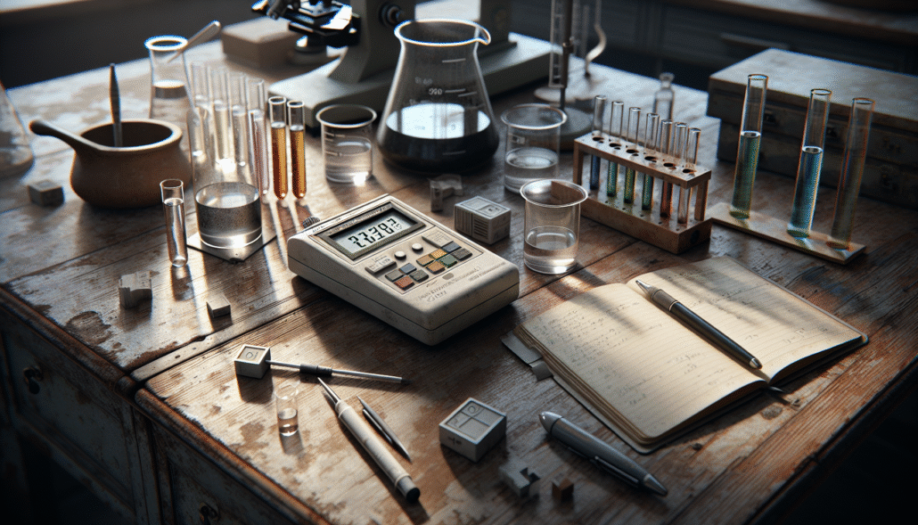 Digital colorimeter on a lab bench with test tubes of subtly colored chemical solutions for monitoring chemical reactions.