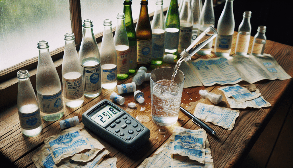TDS meter measuring mineral water quality in a practical testing setting, illustrating health standards.
