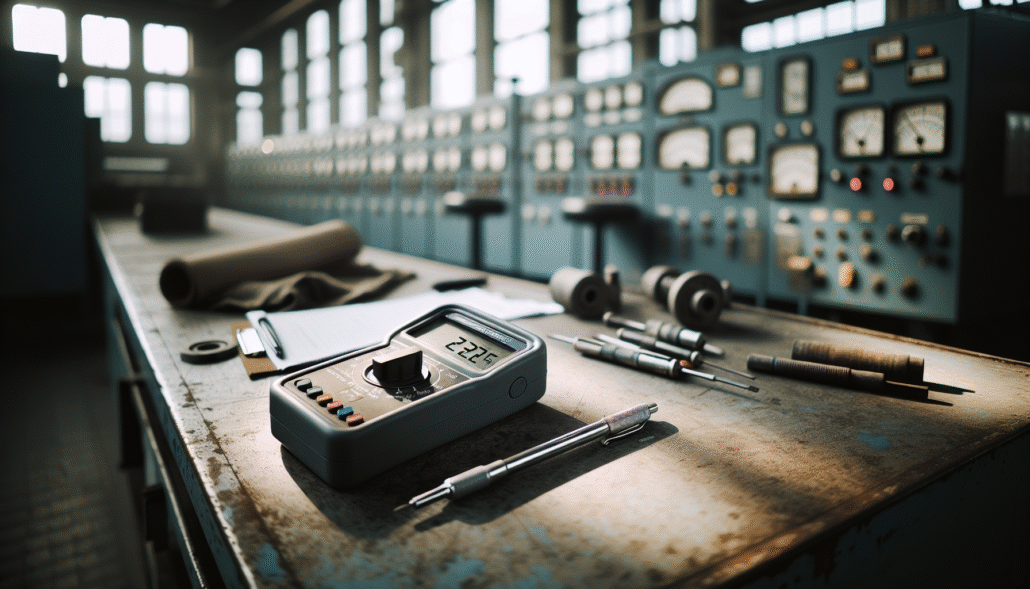 TDS meter pada meja kerja pabrik, mengukur kualitas air limbah industri.