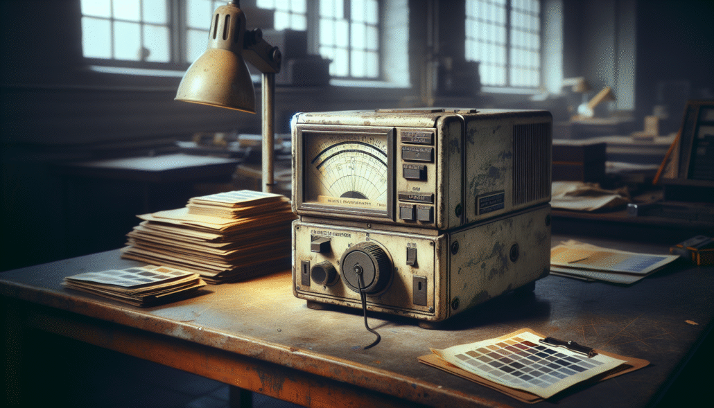 Close-up colorimeter industri di meja lab quality control dengan sampel produk.