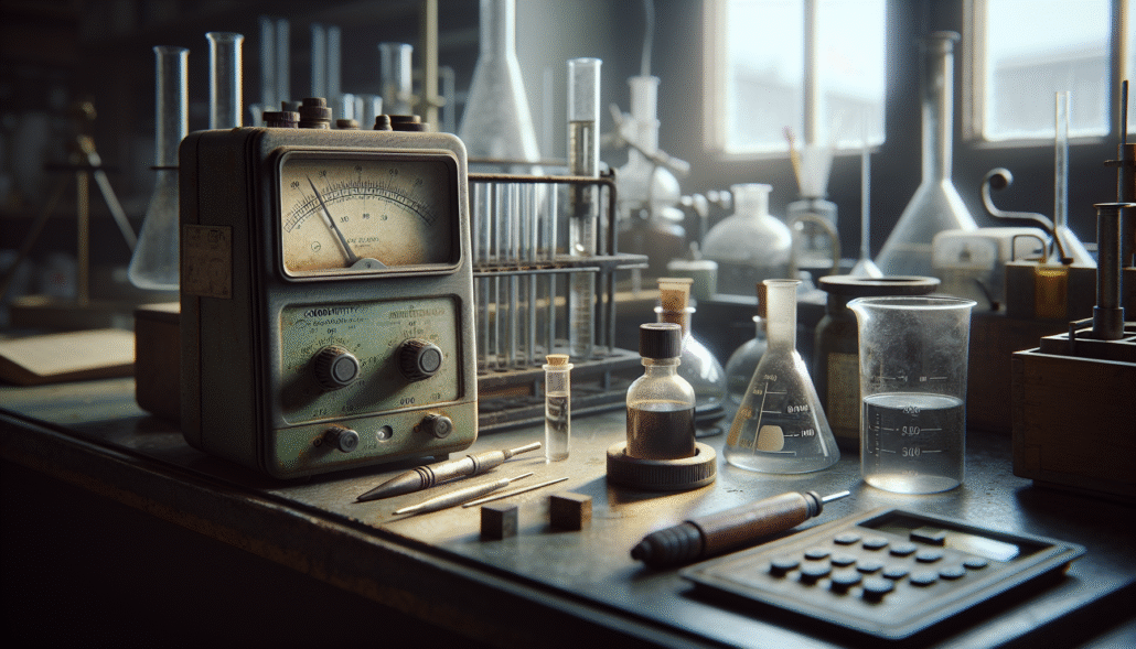 Laboratorium mengukur konduktivitas air untuk efisiensi biofuel, dengan meteran dan sampel cairan gelap.