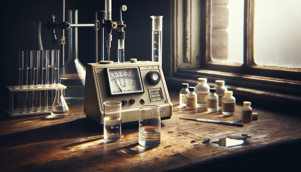 pH meter dan standar warna APHA di meja laboratorium untuk uji QC pelarut kimia.