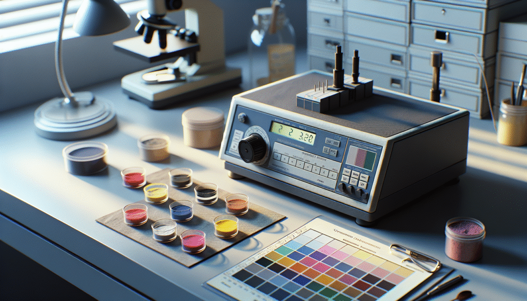 Colorimeter measuring subtly colored food samples on a lab bench with a reference chart, crucial for QC.