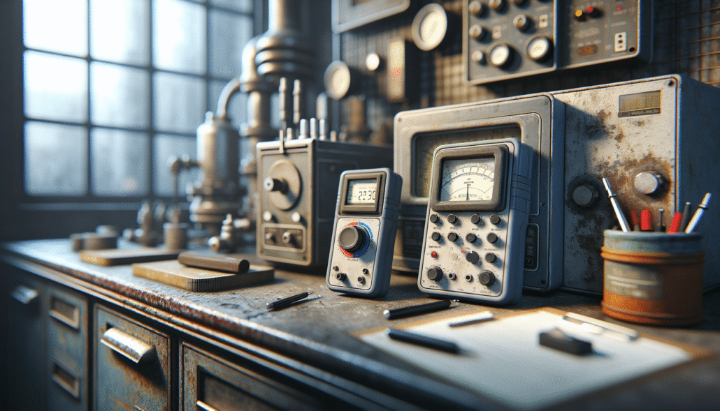 Alat ukur industrial: colorimeter dan conductivity meter di bengkel untuk monitoring kualitas air proses industri.