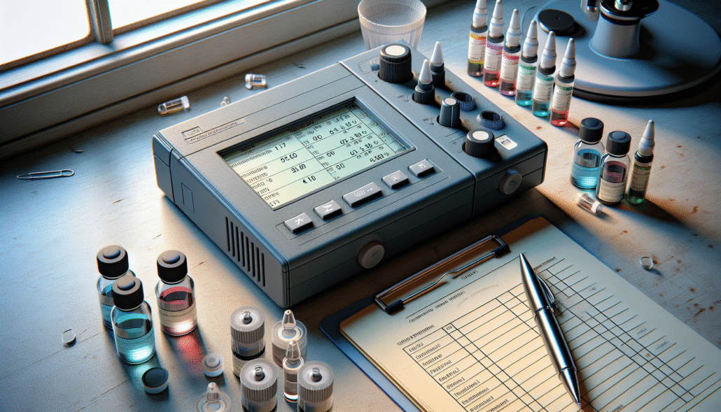 Colorimeter profesional untuk uji warna injeksi di lingkungan QC Farmasi.