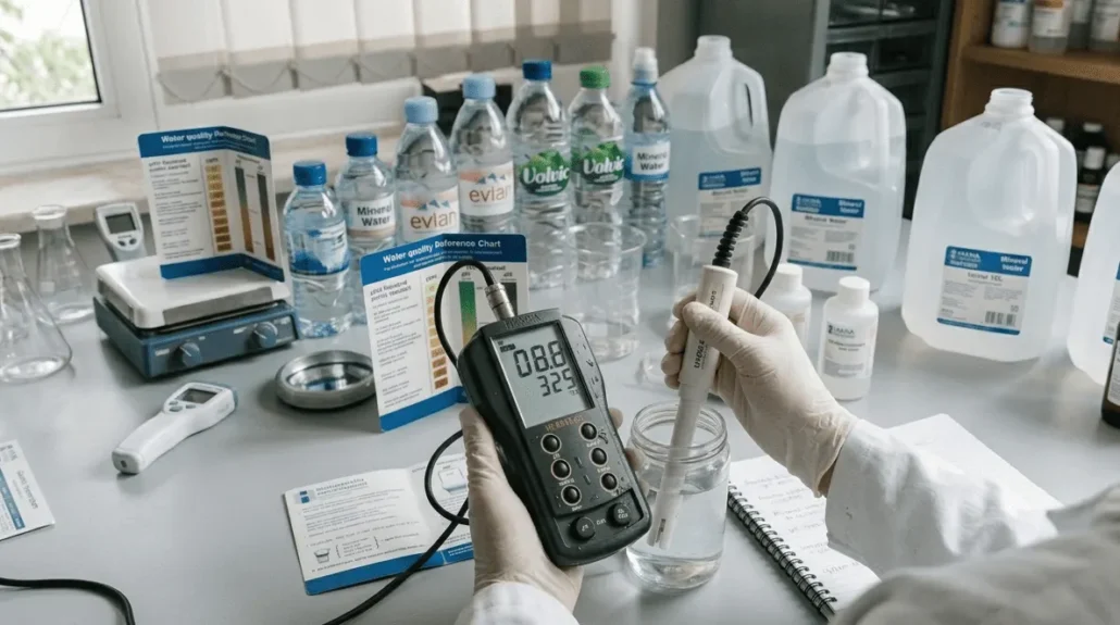 TDS meter measuring mineral water quality in a practical testing setting, illustrating health standards.