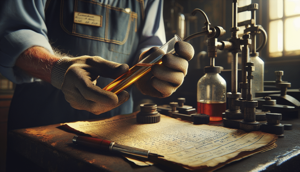 Close-up of a technician's gloved hands holding a viscometer with amber lubricating oil for industrial viscosity analysis in a laboratory.