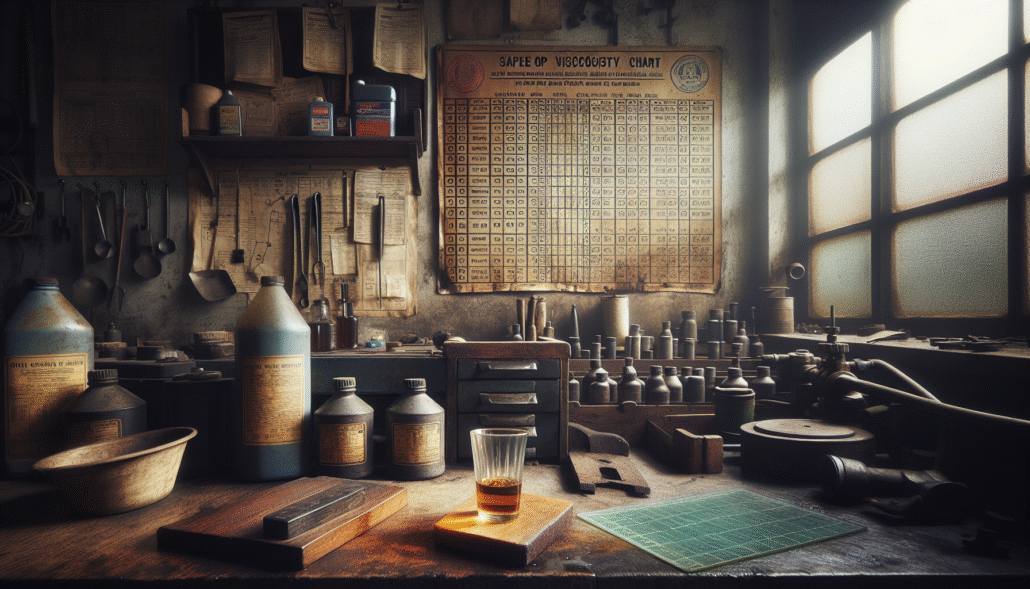 Weathered SAE J300 viscosity chart and used engine oil bottles on an Indonesian mechanic's workbench, illustrating the practical analysis of lubricant viscosity for optimizing machine performance and efficiency.