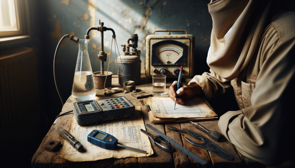 Environmental technician using a colorimeter and conductivity meter to audit petrochemical wastewater quality on a wooden workbench.