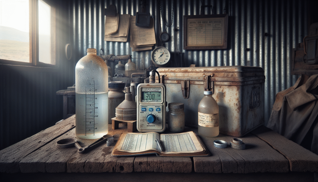 Weathered DO meter and field equipment on a wooden workbench at an authentic nickel mine water treatment site, for monitoring wastewater.