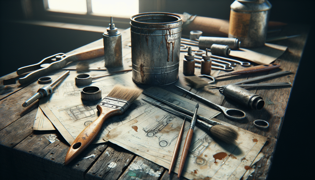 Close-up of weathered automotive painting tools and viscosity diagrams for evaluating and optimizing car paint viscosity.