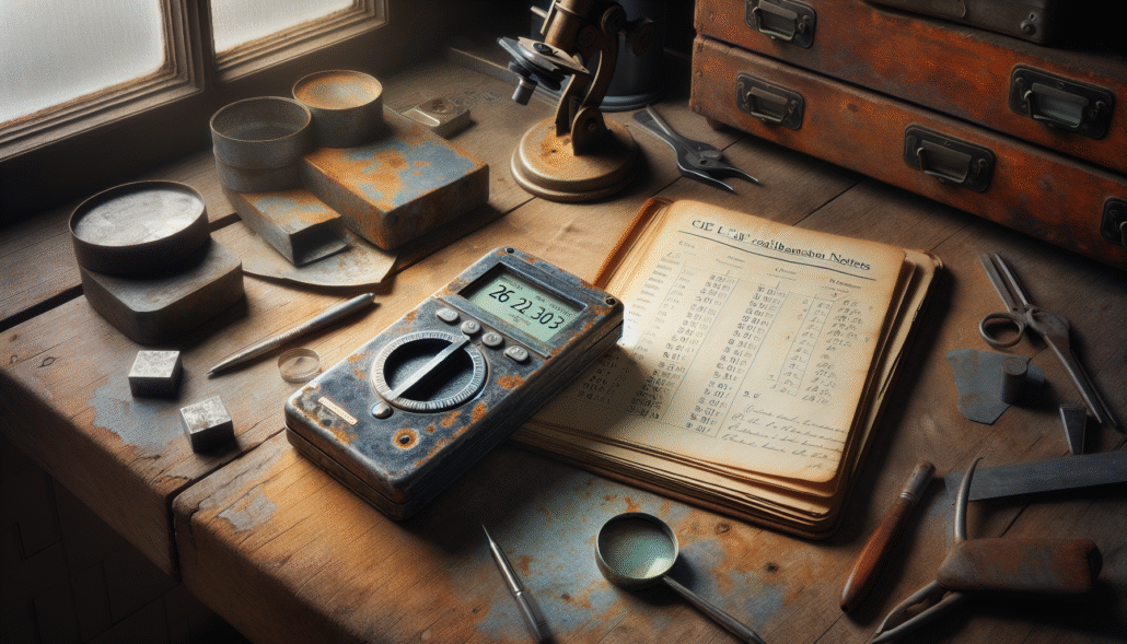 Weathered metal sample with natural oxidation being measured by a professional digital colorimeter displaying CIE L*a*b* values on a worn wooden workbench, illustrating the process of pengukuran warna logam.