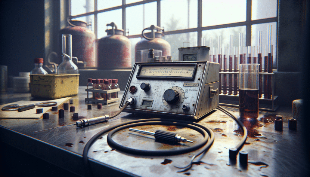 Weathered conductivity meter on a lab bench measuring dark petrochemical waste samples for environmental compliance.