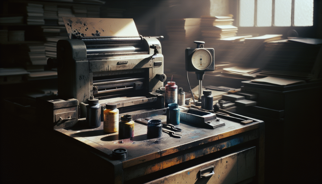 Colorimeter and viscosity cup on a printing workbench for quality control of ink color and viscosity.