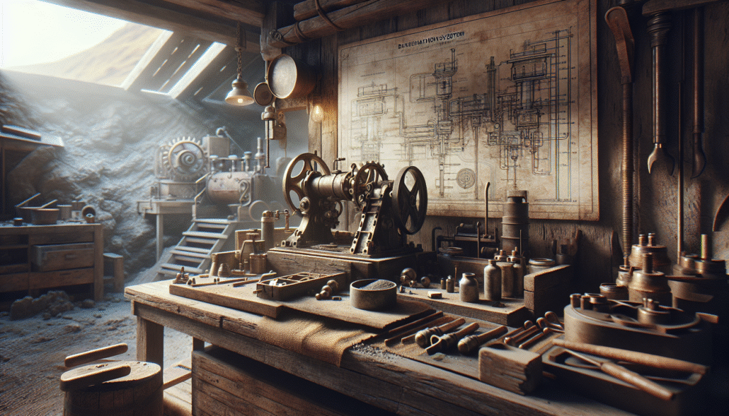 Weathered mining equipment and water treatment tools on a workbench with a technical diagram of aeration systems for managing low DO and high BOD in mining wastewater.