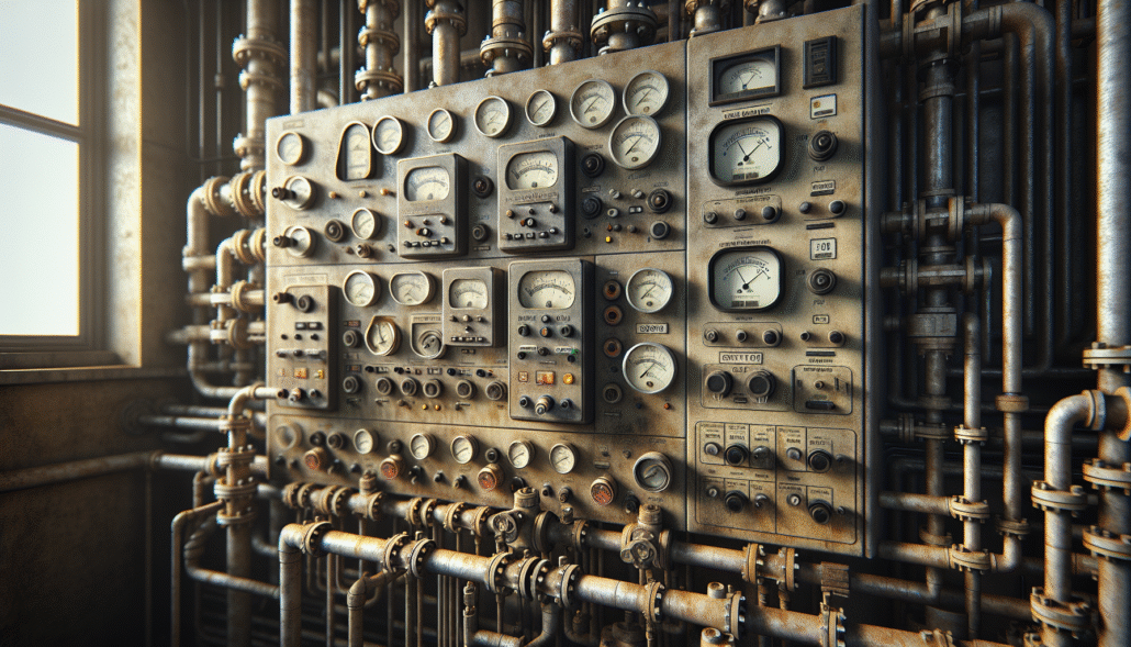 Close-up of a weathered petrochemical resin system control panel with pH monitoring equipment in an industrial setting.