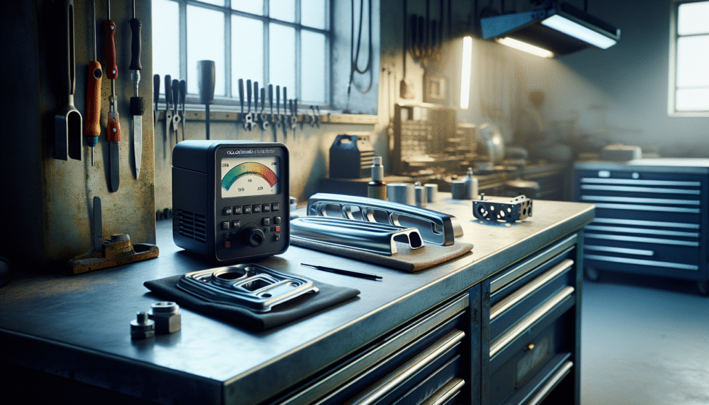 Colorimeter measuring color consistency on plated automotive trim in a workshop environment for quality control.