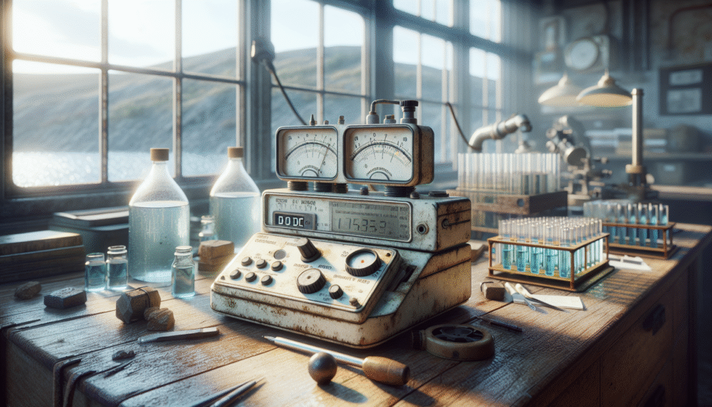 Close-up of dissolved oxygen meter and BOD testing apparatus monitoring mining effluent water quality in a laboratory workspace.