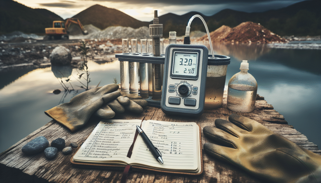 Close-up of a dissolved oxygen meter probe in a tailings pond sample during professional water quality monitoring for environmental compliance.