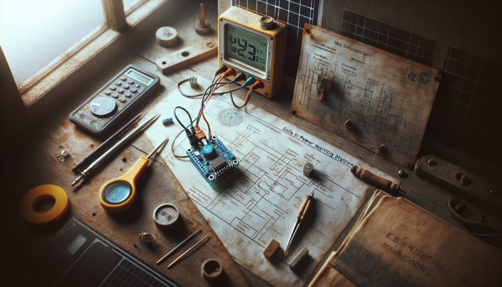 Weathered solar battery monitoring station in Indonesia with LM35 temperature sensor and ESP32 microcontroller on a wooden workbench, for renewable energy system temperature monitoring.