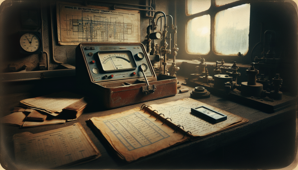 A weathered dissolved oxygen meter on a workbench in a mining wastewater treatment plant, with calibration manuals and aeration schematics for operational optimization.