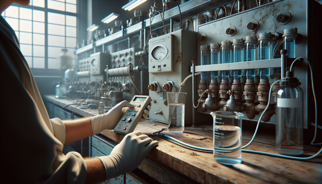 Technician in a water treatment lab using a conductivity meter to test water quality for recycling and environmental management.