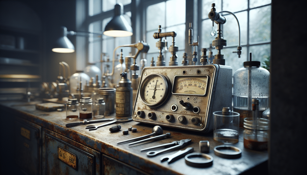 A professional metal plating workshop with weathered pH meters and calibration tools for optimal surface quality control.