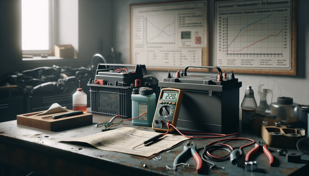 Automotive technician using a multimeter to measure electrolyte conductivity on a car battery and coolant, with a reference chart in the background.