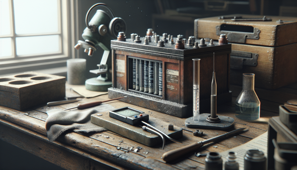 A refractometer on a workbench for analyzing the electrolyte in a lead-acid battery.