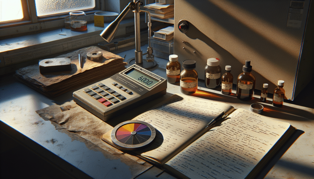 ASTM D1500 color comparator disc and digital colorimeter used for monitoring biofuel color stability in a quality control lab.